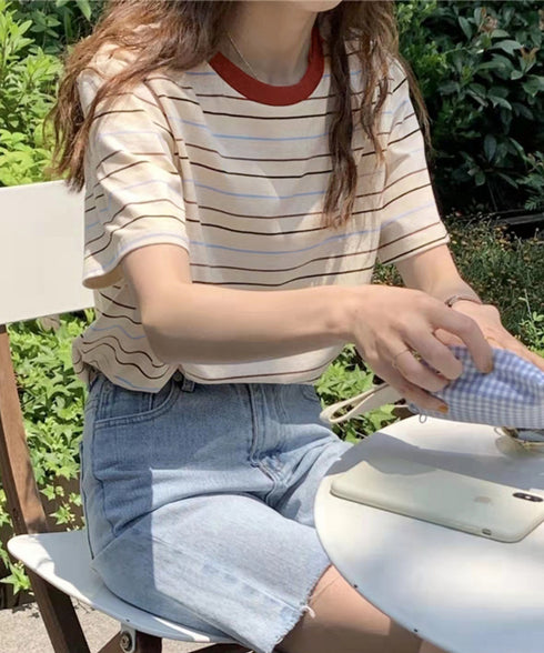 マルチボーダーTシャツ 半袖カットソー夏 レディース 配色プルオーバー クルーネック バイカラー 夏トップス 着やせ おしゃれ カジュアル tシャツ半袖 レトロT 90QIY-001