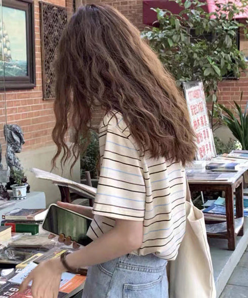 マルチボーダーTシャツ 半袖カットソー夏 レディース 配色プルオーバー クルーネック バイカラー 夏トップス 着やせ おしゃれ カジュアル tシャツ半袖 レトロT 90QIY-001