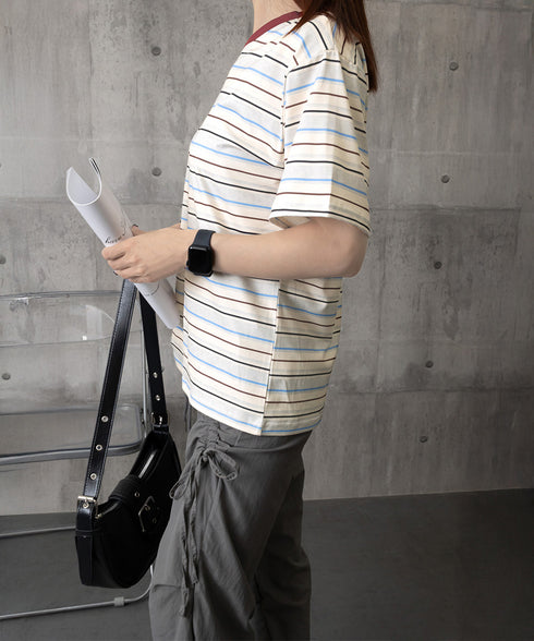 マルチボーダーTシャツ 半袖カットソー夏 レディース 配色プルオーバー クルーネック バイカラー 夏トップス 着やせ おしゃれ カジュアル tシャツ半袖 レトロT 90QIY-001