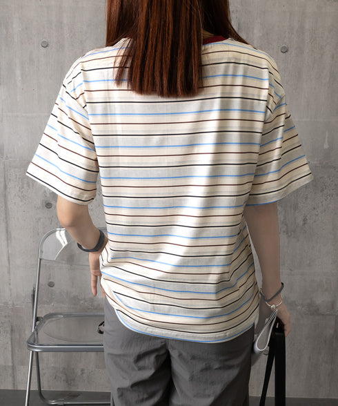 マルチボーダーTシャツ 半袖カットソー夏 レディース 配色プルオーバー クルーネック バイカラー 夏トップス 着やせ おしゃれ カジュアル tシャツ半袖 レトロT 90QIY-001