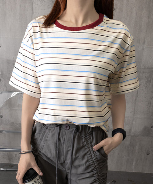 マルチボーダーTシャツ 半袖カットソー夏 レディース 配色プルオーバー クルーネック バイカラー 夏トップス 着やせ おしゃれ カジュアル tシャツ半袖 レトロT 90QIY-001