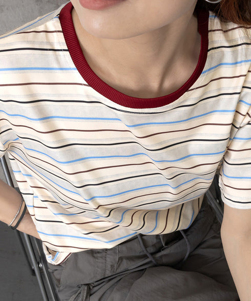 マルチボーダーTシャツ 半袖カットソー夏 レディース 配色プルオーバー クルーネック バイカラー 夏トップス 着やせ おしゃれ カジュアル tシャツ半袖 レトロT 90QIY-001