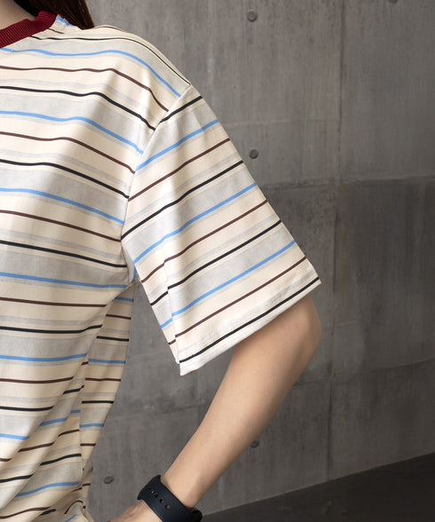 マルチボーダーTシャツ 半袖カットソー夏 レディース 配色プルオーバー クルーネック バイカラー 夏トップス 着やせ おしゃれ カジュアル tシャツ半袖 レトロT 90QIY-001