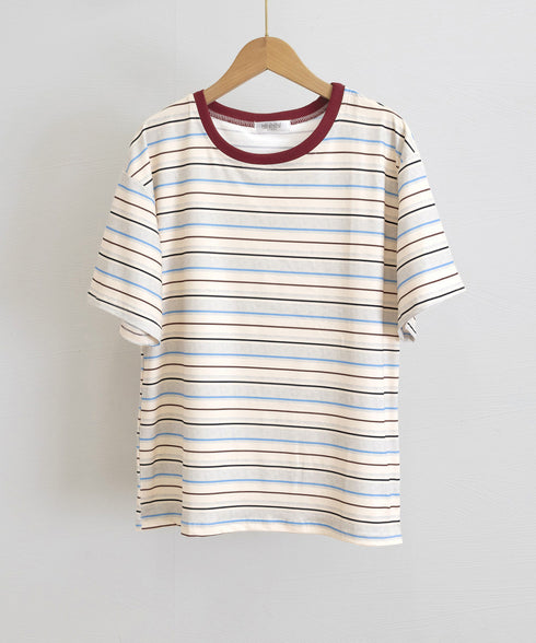 マルチボーダーTシャツ 半袖カットソー夏 レディース 配色プルオーバー クルーネック バイカラー 夏トップス 着やせ おしゃれ カジュアル tシャツ半袖 レトロT 90QIY-001