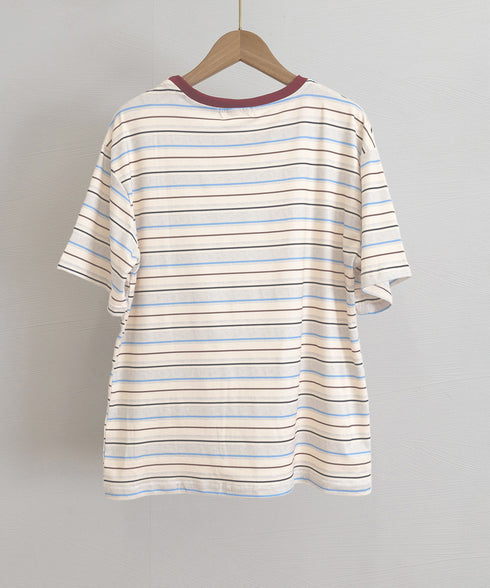 マルチボーダーTシャツ 半袖カットソー夏 レディース 配色プルオーバー クルーネック バイカラー 夏トップス 着やせ おしゃれ カジュアル tシャツ半袖 レトロT 90QIY-001