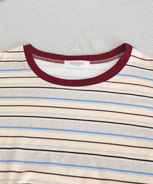 マルチボーダーTシャツ 半袖カットソー夏 レディース 配色プルオーバー クルーネック バイカラー 夏トップス 着やせ おしゃれ カジュアル tシャツ半袖 レトロT 90QIY-001