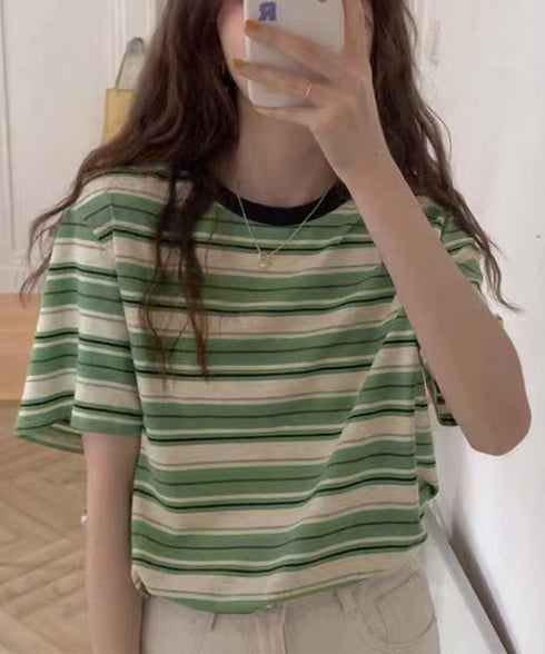 マルチボーダーTシャツ 半袖カットソー夏 レディース 配色プルオーバー クルーネック バイカラー 夏トップス 着やせ おしゃれ カジュアル tシャツ半袖 レトロT 90QIY-001