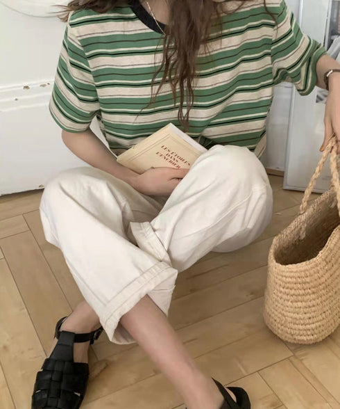 マルチボーダーTシャツ 半袖カットソー夏 レディース 配色プルオーバー クルーネック バイカラー 夏トップス 着やせ おしゃれ カジュアル tシャツ半袖 レトロT 90QIY-001