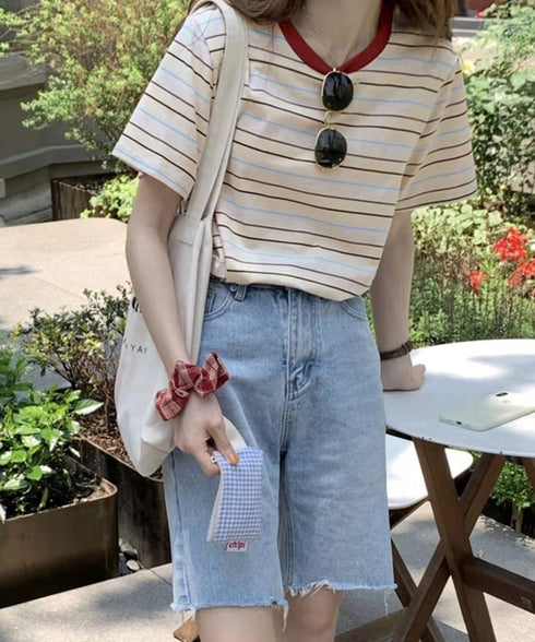 マルチボーダーTシャツ 半袖カットソー夏 レディース 配色プルオーバー クルーネック バイカラー 夏トップス 着やせ おしゃれ カジュアル tシャツ半袖 レトロT 90QIY-001