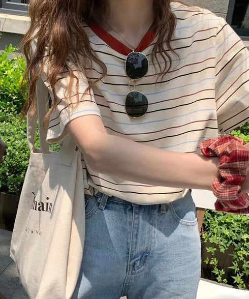 マルチボーダーTシャツ 半袖カットソー夏 レディース 配色プルオーバー クルーネック バイカラー 夏トップス 着やせ おしゃれ カジュアル tシャツ半袖 レトロT 90QIY-001