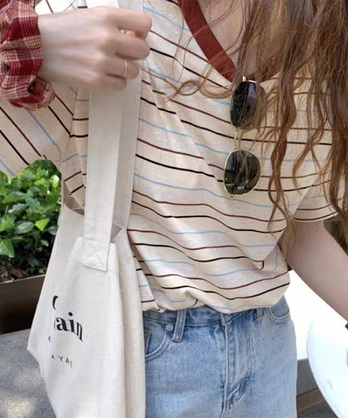 マルチボーダーTシャツ 半袖カットソー夏 レディース 配色プルオーバー クルーネック バイカラー 夏トップス 着やせ おしゃれ カジュアル tシャツ半袖 レトロT 90QIY-001