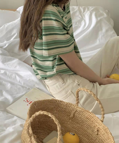 マルチボーダーTシャツ 半袖カットソー夏 レディース 配色プルオーバー クルーネック バイカラー 夏トップス 着やせ おしゃれ カジュアル tシャツ半袖 レトロT 90QIY-001