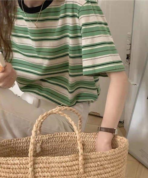 マルチボーダーTシャツ 半袖カットソー夏 レディース 配色プルオーバー クルーネック バイカラー 夏トップス 着やせ おしゃれ カジュアル tシャツ半袖 レトロT 90QIY-001