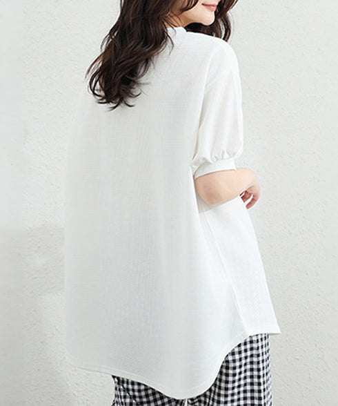 ワッフルTシャツ半袖レディースゆったり夏 大人可愛いワッフルプルオーバー パフスリーブ体型カバートップス カジュアル 裾ラウンドゆるtシャツ 無地カットソー春夏服 90RRT-001