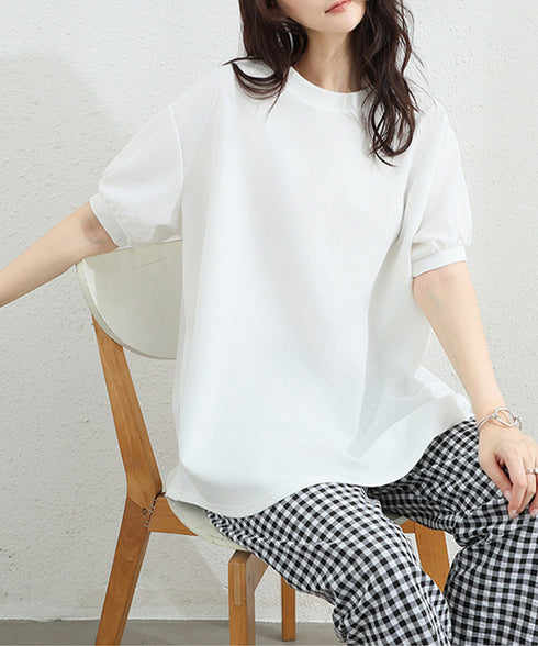 ワッフルTシャツ半袖レディースゆったり夏 大人可愛いワッフルプルオーバー パフスリーブ体型カバートップス カジュアル 裾ラウンドゆるtシャツ 無地カットソー春夏服 90RRT-001
