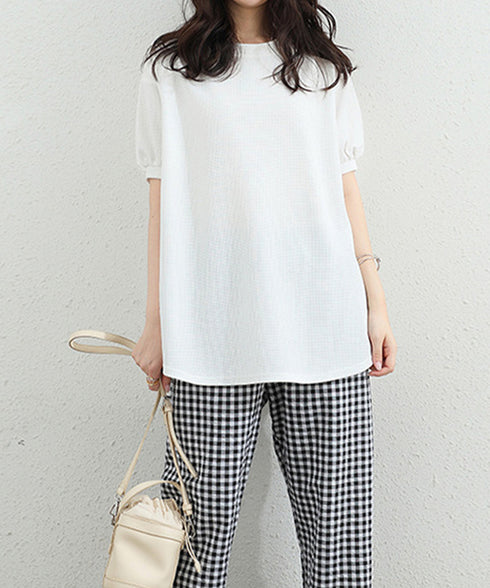 ワッフルTシャツ半袖レディースゆったり夏 大人可愛いワッフルプルオーバー パフスリーブ体型カバートップス カジュアル 裾ラウンドゆるtシャツ 無地カットソー春夏服 90RRT-001