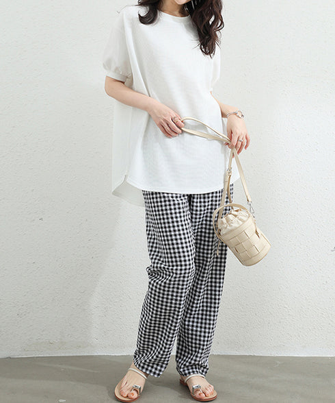 ワッフルTシャツ半袖レディースゆったり夏 大人可愛いワッフルプルオーバー パフスリーブ体型カバートップス カジュアル 裾ラウンドゆるtシャツ 無地カットソー春夏服 90RRT-001