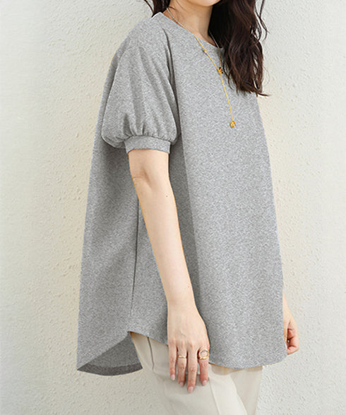 ワッフルTシャツ半袖レディースゆったり夏 大人可愛いワッフルプルオーバー パフスリーブ体型カバートップス カジュアル 裾ラウンドゆるtシャツ 無地カットソー春夏服 90RRT-001