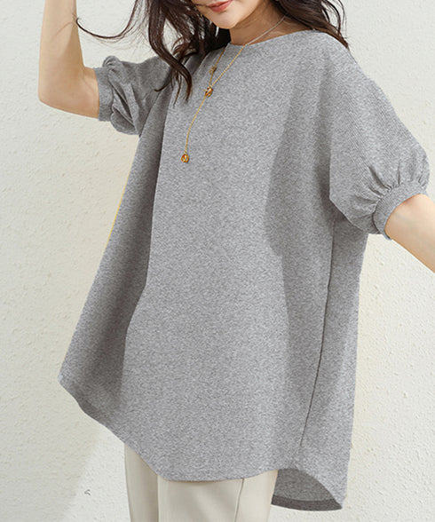 ワッフルTシャツ半袖レディースゆったり夏 大人可愛いワッフルプルオーバー パフスリーブ体型カバートップス カジュアル 裾ラウンドゆるtシャツ 無地カットソー春夏服 90RRT-001