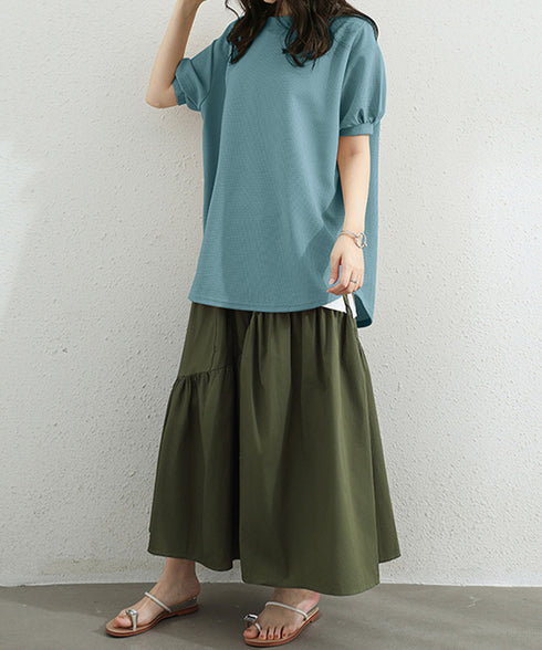 ワッフルTシャツ半袖レディースゆったり夏 大人可愛いワッフルプルオーバー パフスリーブ体型カバートップス カジュアル 裾ラウンドゆるtシャツ 無地カットソー春夏服 90RRT-001