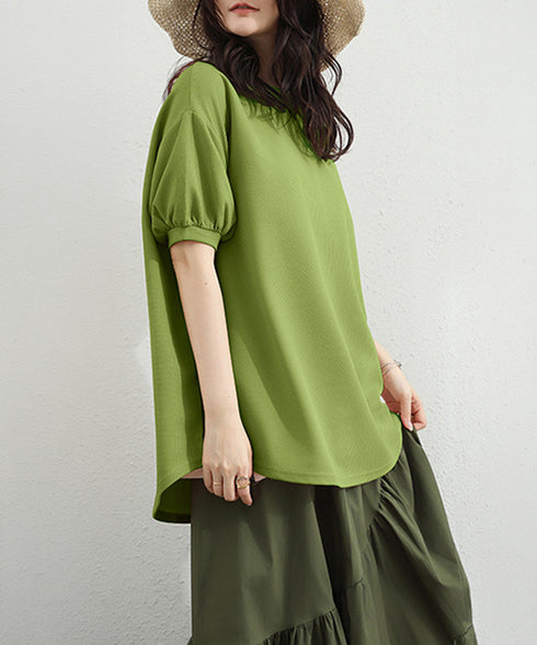 ワッフルTシャツ半袖レディースゆったり夏 大人可愛いワッフルプルオーバー パフスリーブ体型カバートップス カジュアル 裾ラウンドゆるtシャツ 無地カットソー春夏服 90RRT-001