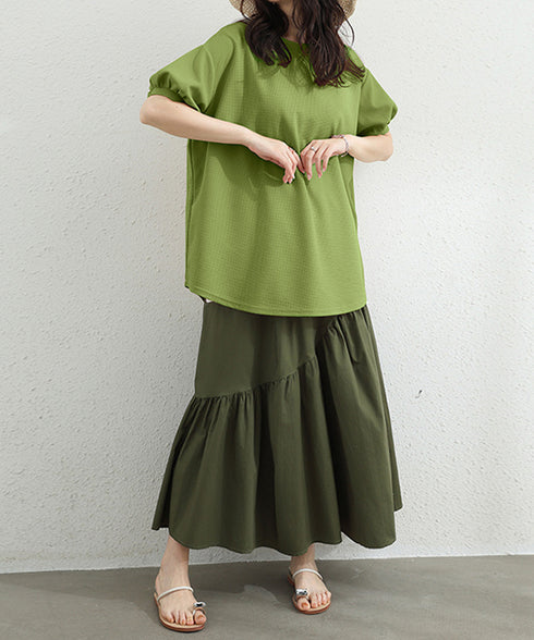 ワッフルTシャツ半袖レディースゆったり夏 大人可愛いワッフルプルオーバー パフスリーブ体型カバートップス カジュアル 裾ラウンドゆるtシャツ 無地カットソー春夏服 90RRT-001