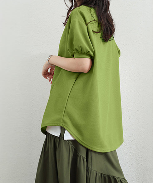 ワッフルTシャツ半袖レディースゆったり夏 大人可愛いワッフルプルオーバー パフスリーブ体型カバートップス カジュアル 裾ラウンドゆるtシャツ 無地カットソー春夏服 90RRT-001