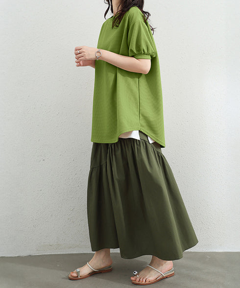 ワッフルTシャツ半袖レディースゆったり夏 大人可愛いワッフルプルオーバー パフスリーブ体型カバートップス カジュアル 裾ラウンドゆるtシャツ 無地カットソー春夏服 90RRT-001