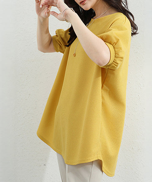 ワッフルTシャツ半袖レディースゆったり夏 大人可愛いワッフルプルオーバー パフスリーブ体型カバートップス カジュアル 裾ラウンドゆるtシャツ 無地カットソー春夏服 90RRT-001