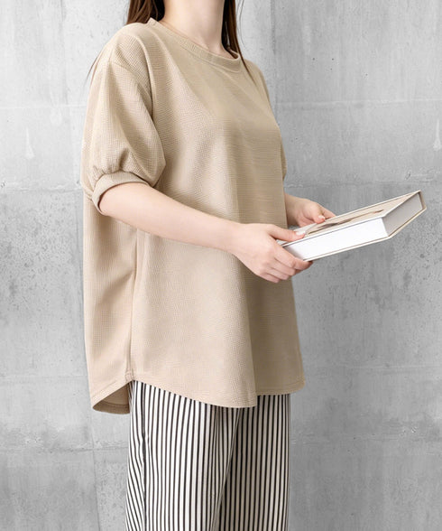 ワッフルTシャツ半袖レディースゆったり夏 大人可愛いワッフルプルオーバー パフスリーブ体型カバートップス カジュアル 裾ラウンドゆるtシャツ 無地カットソー春夏服 90RRT-001