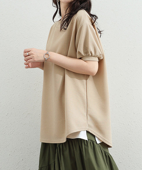 ワッフルTシャツ半袖レディースゆったり夏 大人可愛いワッフルプルオーバー パフスリーブ体型カバートップス カジュアル 裾ラウンドゆるtシャツ 無地カットソー春夏服 90RRT-001