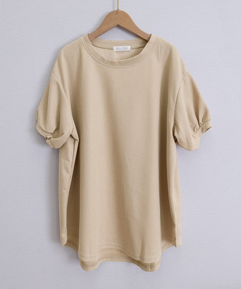 ワッフルTシャツ半袖レディースゆったり夏 大人可愛いワッフルプルオーバー パフスリーブ体型カバートップス カジュアル 裾ラウンドゆるtシャツ 無地カットソー春夏服 90RRT-001