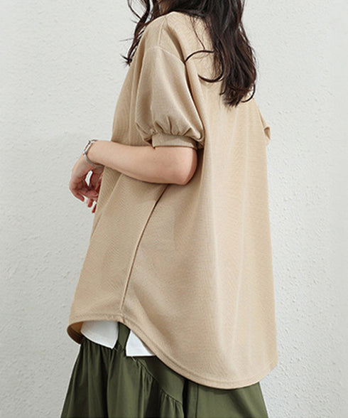 ワッフルTシャツ半袖レディースゆったり夏 大人可愛いワッフルプルオーバー パフスリーブ体型カバートップス カジュアル 裾ラウンドゆるtシャツ 無地カットソー春夏服 90RRT-001