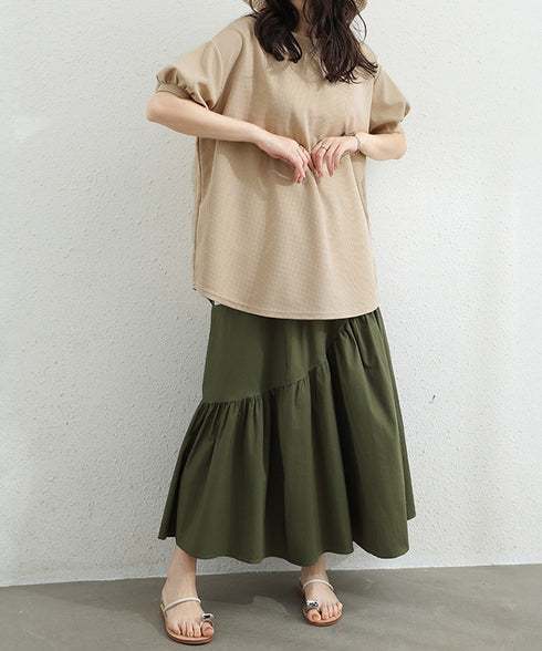 ワッフルTシャツ半袖レディースゆったり夏 大人可愛いワッフルプルオーバー パフスリーブ体型カバートップス カジュアル 裾ラウンドゆるtシャツ 無地カットソー春夏服 90RRT-001