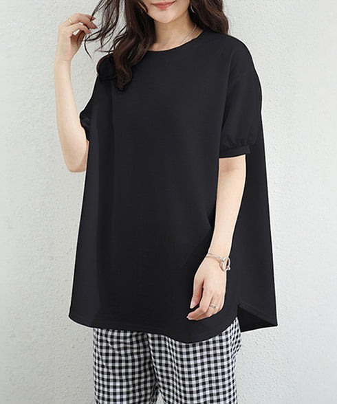 ワッフルTシャツ半袖レディースゆったり夏 大人可愛いワッフルプルオーバー パフスリーブ体型カバートップス カジュアル 裾ラウンドゆるtシャツ 無地カットソー春夏服 90RRT-001