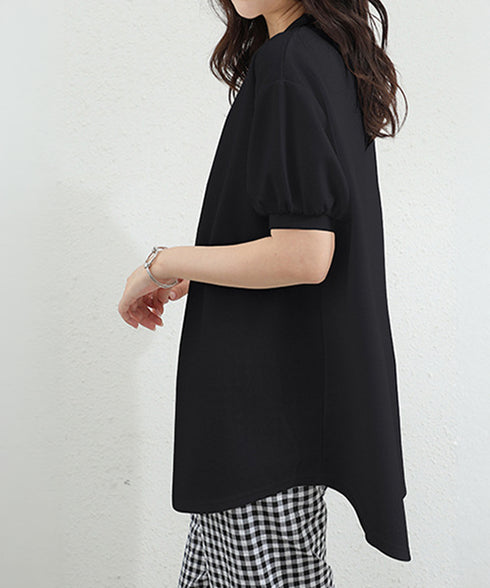 ワッフルTシャツ半袖レディースゆったり夏 大人可愛いワッフルプルオーバー パフスリーブ体型カバートップス カジュアル 裾ラウンドゆるtシャツ 無地カットソー春夏服 90RRT-001