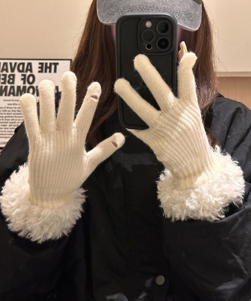 スマホ対応手袋 暖かい ボア袖グローブ冬 指穴リブニット手袋レディース あったか もこもこカフス手袋 ホールタッチニットグローブ 5本指手袋スポーツ観戦防寒グッズ 90SENLE-001