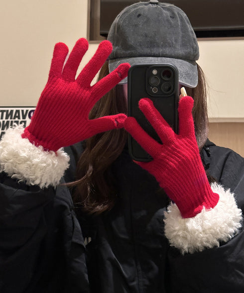 スマホ対応手袋 暖かい ボア袖グローブ冬 指穴リブニット手袋レディース あったか もこもこカフス手袋 ホールタッチニットグローブ 5本指手袋スポーツ観戦防寒グッズ 90SENLE-001