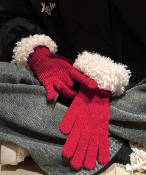 スマホ対応手袋 暖かい ボア袖グローブ冬 指穴リブニット手袋レディース あったか もこもこカフス手袋 ホールタッチニットグローブ 5本指手袋スポーツ観戦防寒グッズ 90SENLE-001