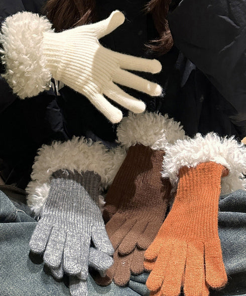 スマホ対応手袋 暖かい ボア袖グローブ冬 指穴リブニット手袋レディース あったか もこもこカフス手袋 ホールタッチニットグローブ 5本指手袋スポーツ観戦防寒グッズ 90SENLE-001