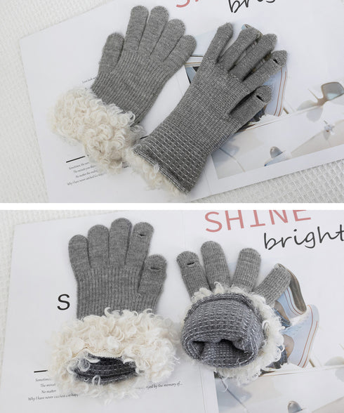 スマホ対応手袋 暖かい ボア袖グローブ冬 指穴リブニット手袋レディース あったか もこもこカフス手袋 ホールタッチニットグローブ 5本指手袋スポーツ観戦防寒グッズ 90SENLE-001