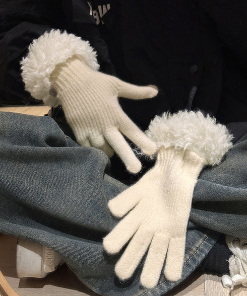 スマホ対応手袋 暖かい ボア袖グローブ冬 指穴リブニット手袋レディース あったか もこもこカフス手袋 ホールタッチニットグローブ 5本指手袋スポーツ観戦防寒グッズ 90SENLE-001