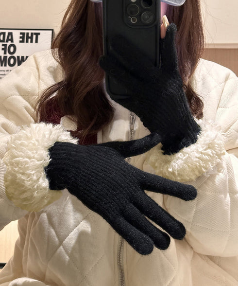 スマホ対応手袋 暖かい ボア袖グローブ冬 指穴リブニット手袋レディース あったか もこもこカフス手袋 ホールタッチニットグローブ 5本指手袋スポーツ観戦防寒グッズ 90SENLE-001