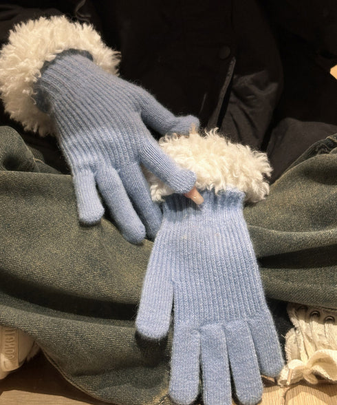 スマホ対応手袋 暖かい ボア袖グローブ冬 指穴リブニット手袋レディース あったか もこもこカフス手袋 ホールタッチニットグローブ 5本指手袋スポーツ観戦防寒グッズ 90SENLE-001