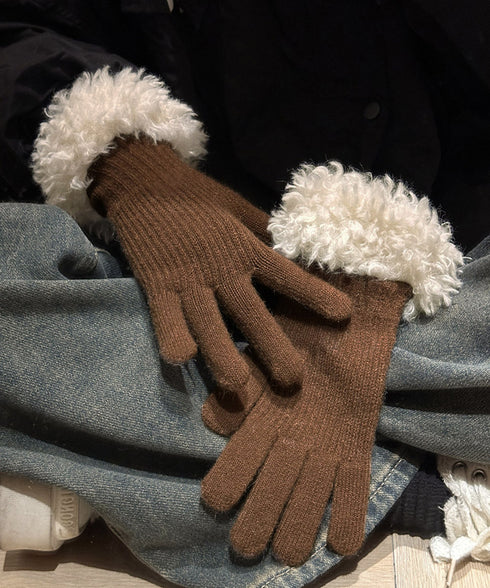 スマホ対応手袋 暖かい ボア袖グローブ冬 指穴リブニット手袋レディース あったか もこもこカフス手袋 ホールタッチニットグローブ 5本指手袋スポーツ観戦防寒グッズ 90SENLE-001