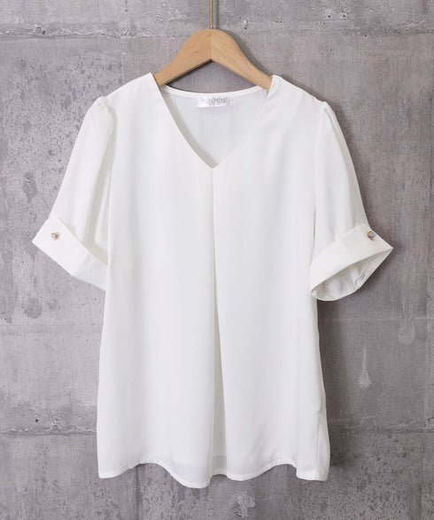 半袖シャツブラウスレディースVネック夏服 タックブラウスきれいめ オフィスブラウス 上品 大人フェミニントップス ベーシックシャツ 薄手サテン風プルオーバーシャツ 90SHANGJ-002
