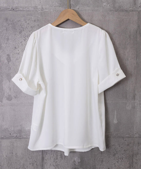 半袖シャツブラウスレディースVネック夏服 タックブラウスきれいめ オフィスブラウス 上品 大人フェミニントップス ベーシックシャツ 薄手サテン風プルオーバーシャツ 90SHANGJ-002