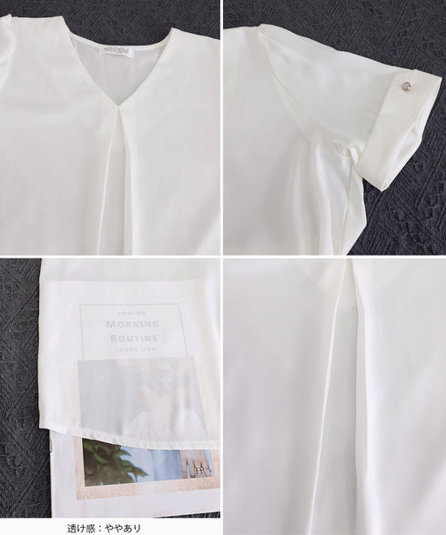 半袖シャツブラウスレディースVネック夏服 タックブラウスきれいめ オフィスブラウス 上品 大人フェミニントップス ベーシックシャツ 薄手サテン風プルオーバーシャツ 90SHANGJ-002