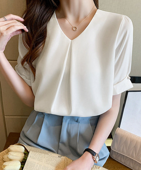 半袖シャツブラウスレディースVネック夏服 タックブラウスきれいめ オフィスブラウス 上品 大人フェミニントップス ベーシックシャツ 薄手サテン風プルオーバーシャツ 90SHANGJ-002