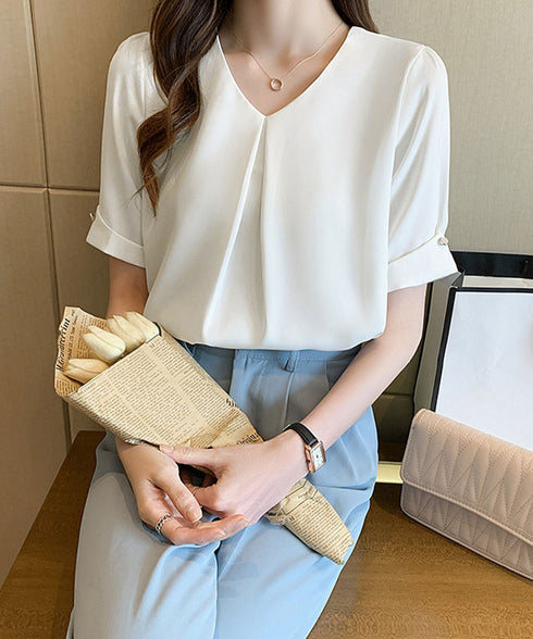 半袖シャツブラウスレディースVネック夏服 タックブラウスきれいめ オフィスブラウス 上品 大人フェミニントップス ベーシックシャツ 薄手サテン風プルオーバーシャツ 90SHANGJ-002